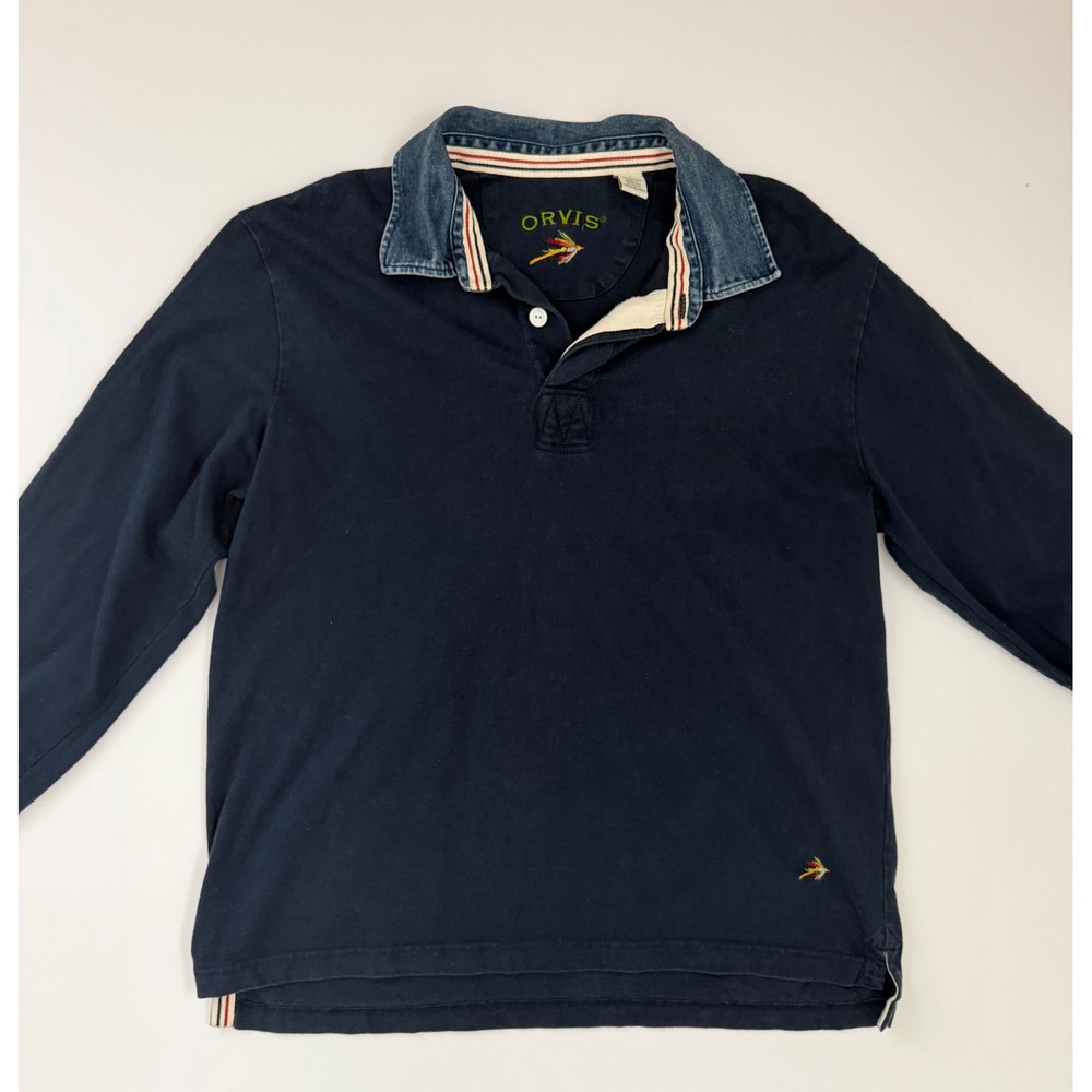 Orvis Mens Long Sleeve Rugby Polo Shirt Navy Blue Denim Collar Fly Lure Size L
